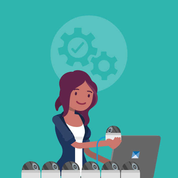 Girl configuring CCTV cameras on laptop